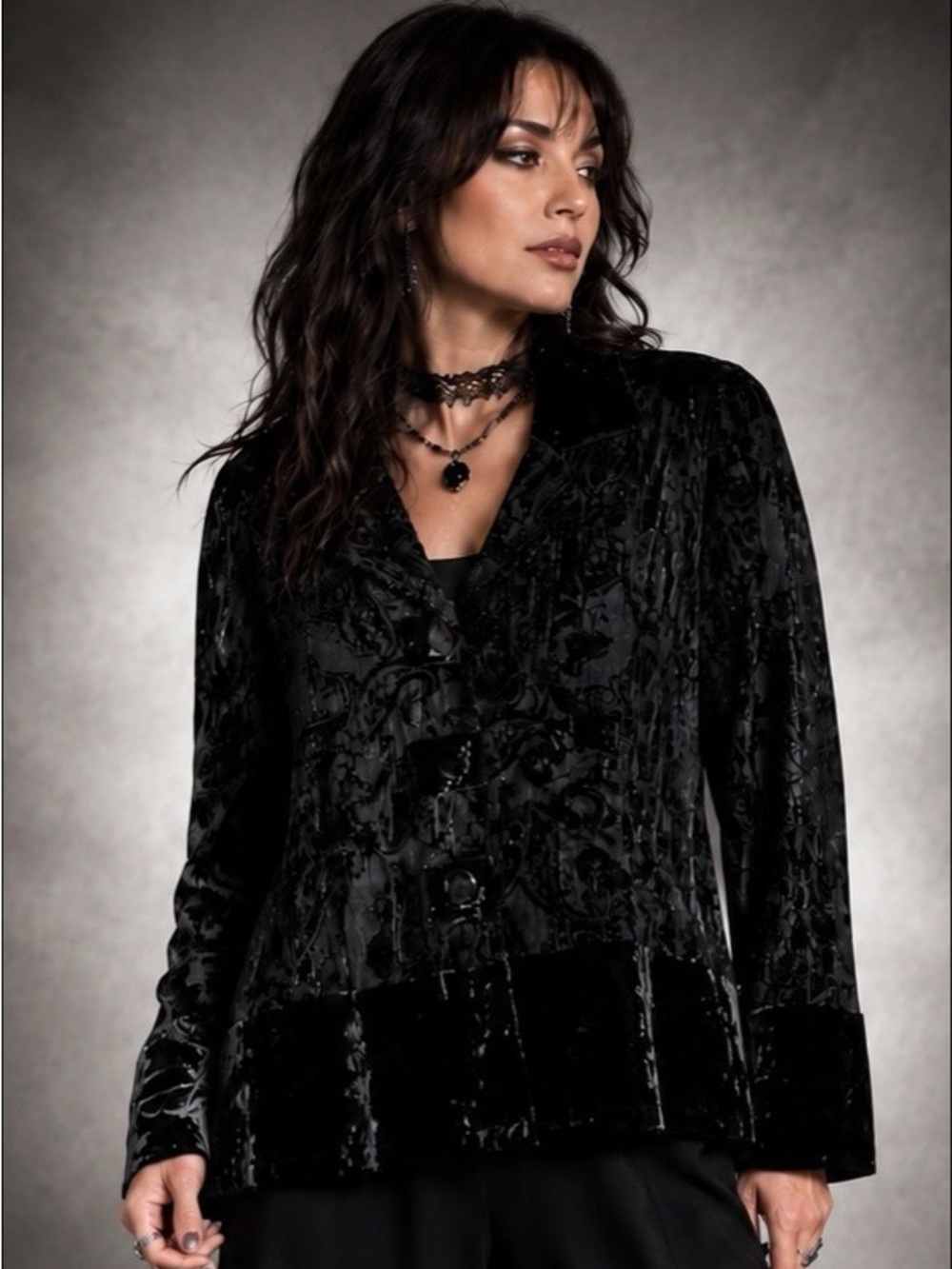 Black Velvet Burnout Jacket Top XL Romantic Goth Whimsigoth Witchy Dark Bohemian